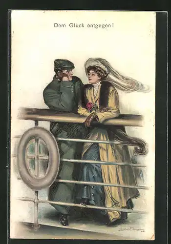 Künstler-AK Clarence F. Underwood: Junges Paar lehnt an der Reling eines Schiffes, Dem Glück entgegen!