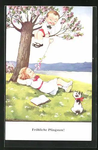 Künstler-AK John Wills: Junge auf dem Baum ärgert das schlafende Mädchen auf der Wiese, Fröhliche Pfingsten