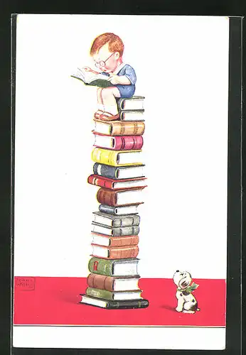 Künstler-AK John Wills: Kleiner Hund betrachtet den Jungen, der auf einem hohen Bücherstapel sitzt und liest