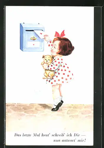 Künstler-AK John Wills: Mädchen mit Hund auf dem Arm wirft einen Brief in den Briefkasten