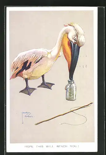 Künstler-AK Lawson Wood: Pelikan will die Stichlinge im Glas des Anglers stibitzen