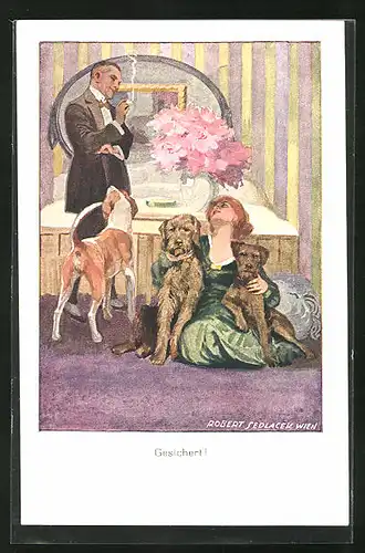 Künstler-AK Robert Sedlacek: Mann betrachtet die Frau mit ihren drei Hunden im Schlafzimmer