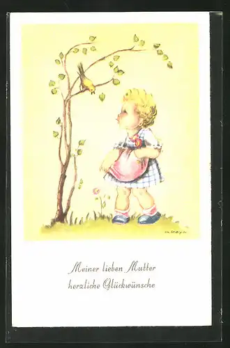 Künstler-AK Hilla Peyk: Glückwünsche zum Muttertag, Mädchen und Vogel