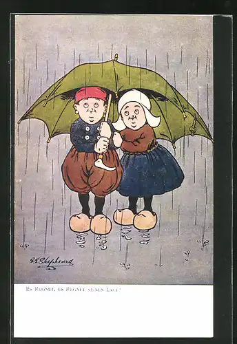 Künstler-AK George Edward Shepheard: Es regnet, es regnet seinen Lauf!, Scherz, kleines Paar unter Schirm