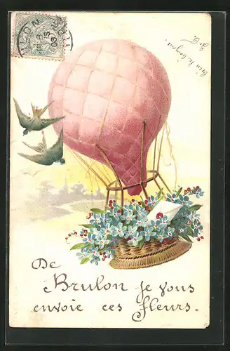 Lithographie Ballon mit Blumenkorb und Schwalben