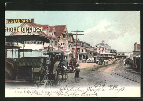 AK Block Island, RI, Front Street mit Kutschen, Restaurant