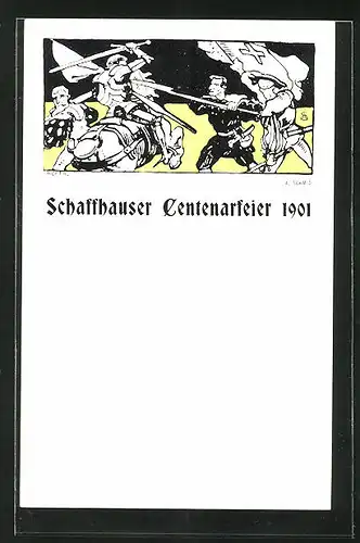 Künstler-AK Schaffhausen, Centenarfeier 1901, Ritter auf seinem Pferd in einer Schlacht