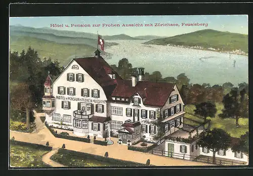 AK Feusisberg, Hotel und Pension zur Frohen Aussicht mit Zürichsee