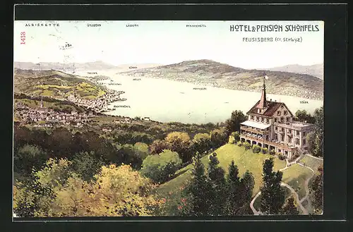 AK Feusisberg, Hotel & Pension Schönfels, mit Albiskette Utliberg, Lägern