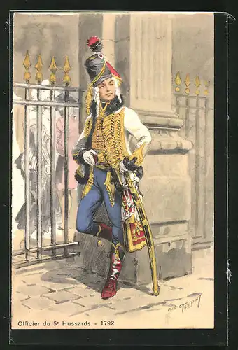 Künstler-AK M. Toussaint: Officier de 5e Hussards - 1792, histor. Husarenuniform