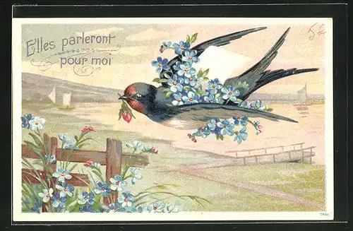 Präge-AK Vogel mit Brief und Blumen