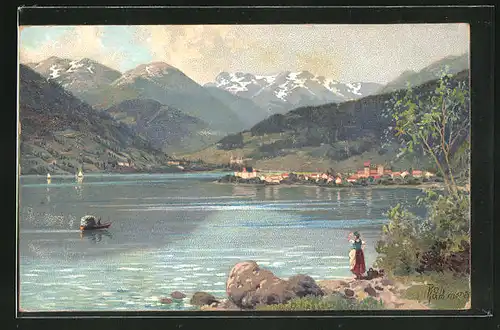 Künstler-AK Robert Kämmerer: Blick über einen See am Fusse der Berge