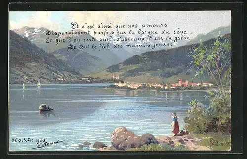 Künstler-AK Robert Kämmerer: Frau blickt über einen See zum Gebirge
