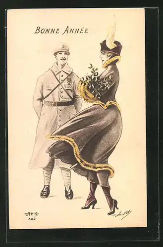 AK Bonne Annee, Frau im Kleid mit Hut
