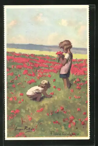 Künstler-AK sign. Georges Redon: Fleurs des champs, Kinder auf einer Blumenwiese