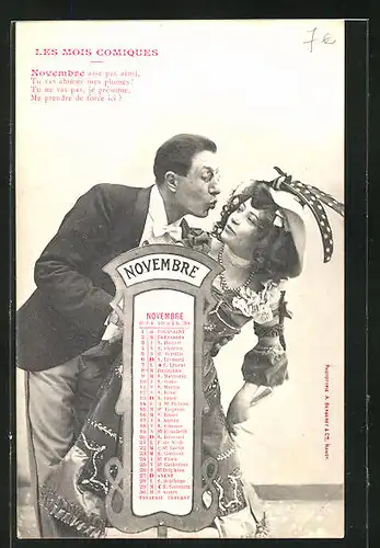 AK Les Mois Comiques, Monat November / Novembre, junger Mann versucht eine Frau zu küssen
