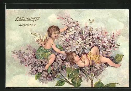 Präge-AK In Blüten sitzender Engel bewacht ein Mädchen