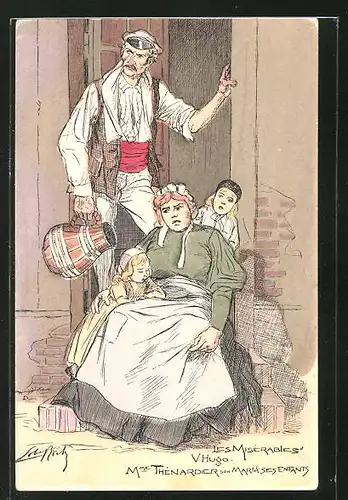 Künstler-AK Victor Hugo, Les Misérables, Mme Thénardier son Mari & des Enfants