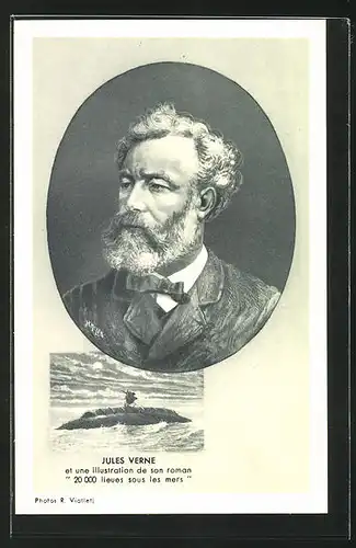 AK Portrait des Schriftstellers Jules Verne, U-Boot-Illustration aus 20000 Meilen unter dem Meer