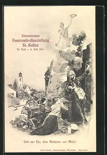 AK St. Gallen, Internationale Feuerwehr-Ausstellung 1910, Gott zur Ehr, dem Nächsten zur Wehr!
