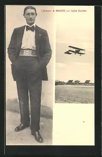 AK L`Aviateur A. Maicon, sur biplan Caudron, Pilot und Flugzeug