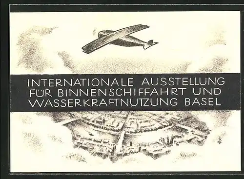 Künstler-AK Basel, Internationale Ausstellung für Binnenschiffahrt und Wasserkraftnutzung, Flugzeug über der Stadt