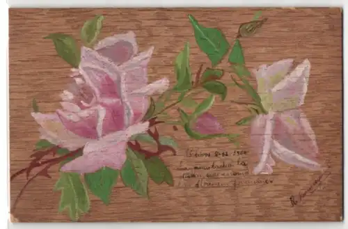 Holz-AK Voll erblühte und knospende rosa Rosen