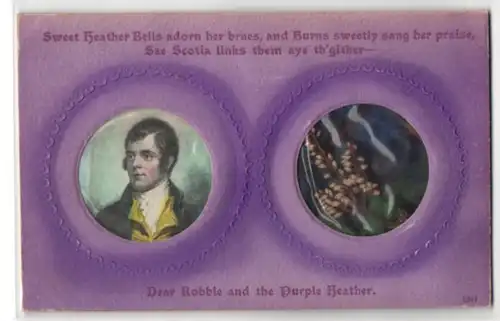 Trockenblumen-AK Portrait des Schriftstellers Robert Burns, Heidezweig auf schottischem Tartan