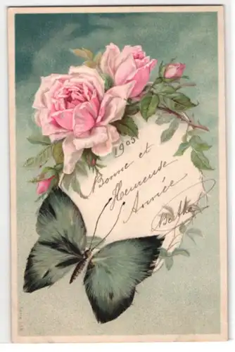 Echtfeder-AK Schmetterling mit Flügeln aus Federn und rosa Rosen