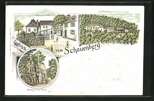 Lithographie Pfaffenheim, Der Schauenberg vom Fusse des Berges, Oelberg mit dem Kreuz, Innere des Klosterhofes