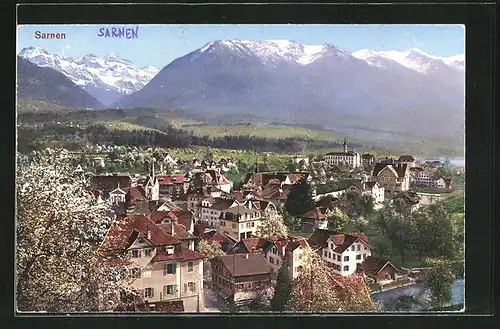 AK Sarnen, Ortsansicht mit Bergen