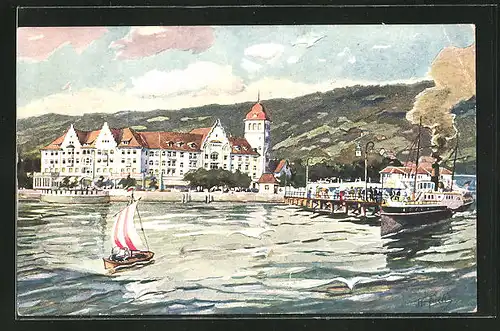 Künstler-AK Lochau-Bregenz, Kaiser-Strand-Hotel am Bodensee