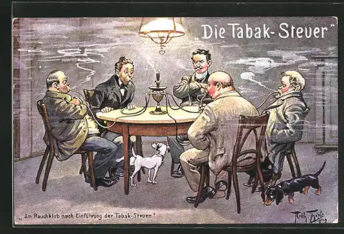 Künstler-AK Arthur Thiele: Die Tabak-Steuer, Im Rauchklub