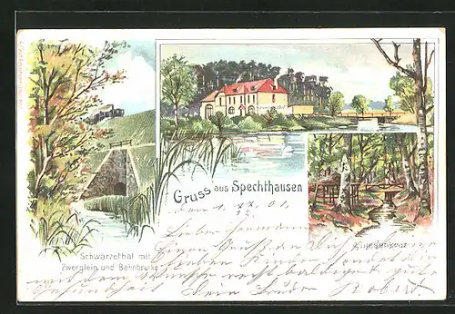 Lithographie Spechthausen, Gasthaus zum Waldhof, Schwärzethal mit Zwerglein und Bahnbrücke