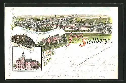 Lithographie Stollberg i. Erzg., Rathaus, Realschule mit Progymnasium, Schloss Hoheneck