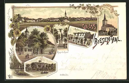 Lithographie Biesenthal, Restaurant Seeschlösschen, Gasthof Kurhaus, Altes und Neues Rathaus