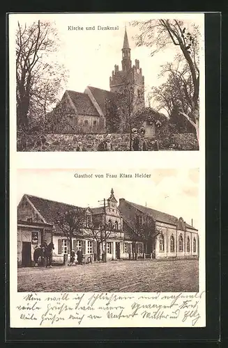 AK Wittbrietzen i. Mark, Gasthof von Klara Heider, Kirche und Denkmal