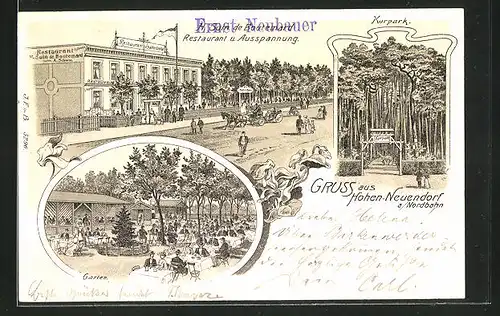 Lithographie Nohen-Neuendorf a/Nordbahn, H. Suin de Boutemard, Restaurant zur Haltestelle, Garten, Kurpark