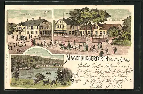 Lithographie Magdeburgerforth, Altes Gasthaus, Neues Gasthaus, Eichberge