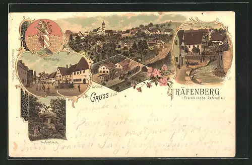 Lithographie Gräfenberg, Gräfenberg, Hinterer Graben, Bahnhof, Teufelstisch, Marktplatz