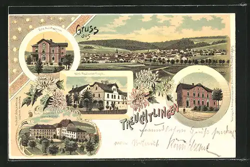 Lithographie Treuchtlingen, Villa Aurnhammer, Hotel-Restaurant Poujol, Schloss und Post