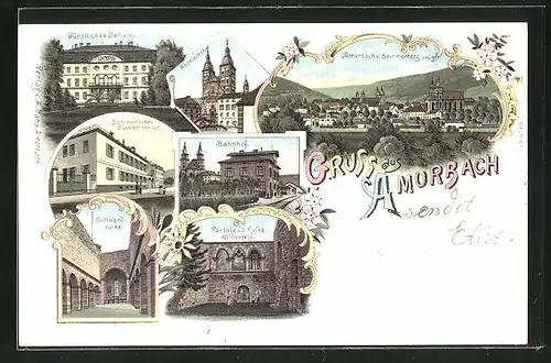 Lithographie Amorbach, Fürstl. Plais, Sommer`sches Töchterinstitut, Bahnhof, Gotthard-Ruine, Abteikirche
