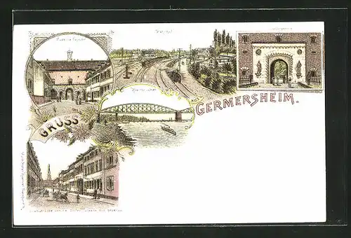 Lithographie Germersheim, Kaserne Seyssel, Ludwigsthor, Bahnhof, Lilienstrasse, Rheinbrücken