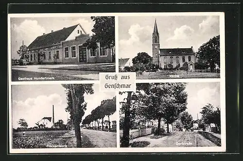 AK Bleyen-Genschmar, Gasthaus Hundertmark, Kirche, Flockenfabrik, Dorfstrasse