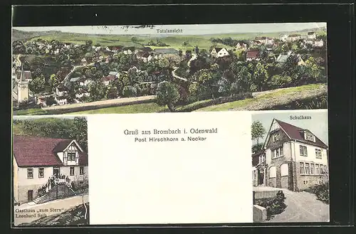 AK Brombach i. Odenwald, Totalansicht, Post Hirschhorn, Schulhaus, Gasthaus zum Stern