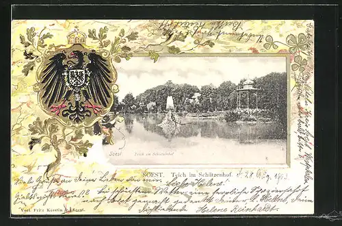 Passepartout-Lithographie Soest, Teich im Schützenhof u. Adler mit Wappen