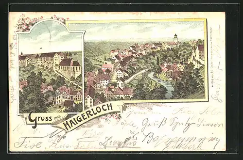 Lithographie Haigerloch, Kloster Kirchberg, Panoramablick auf den Ort