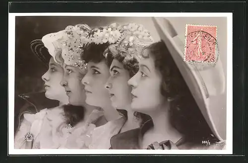 Fotomontage-AK NPG Nr. 385 /2: fünf Frauenprofile mit Hüten