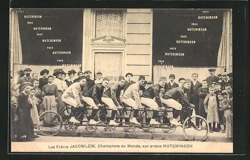 AK Paris, Pneu Hutchinson, 60 Rue St. Lazare, Les Frères Jacowlew, Champions du Monde, Sechser-Tandem, Radsport, Reklame