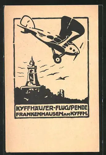 Künstler-AK Frankenhausen am Kyffh., Kyffhäuser-Flugspende, Flugzeug über dem Kyffhäuser-Denkmal